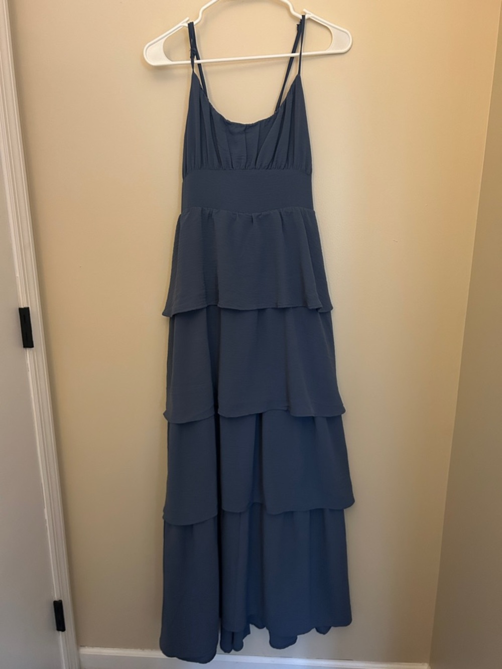 Dry Goods Originality Tiered Maxi Dress with Slim Straps in Slate Blue